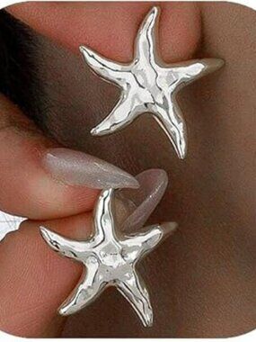 Chunky Silver Jewelry Starfish Earrings Trendy Boho Summer Beach Starfish